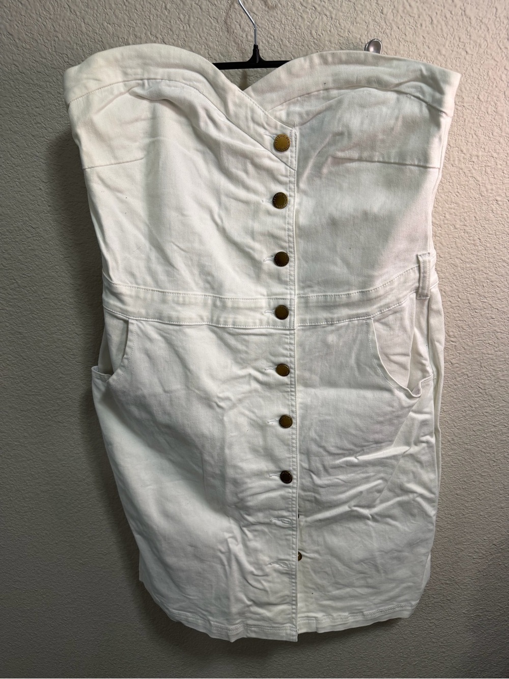 White Denim Strapless Button-Front Dress with Pockets
